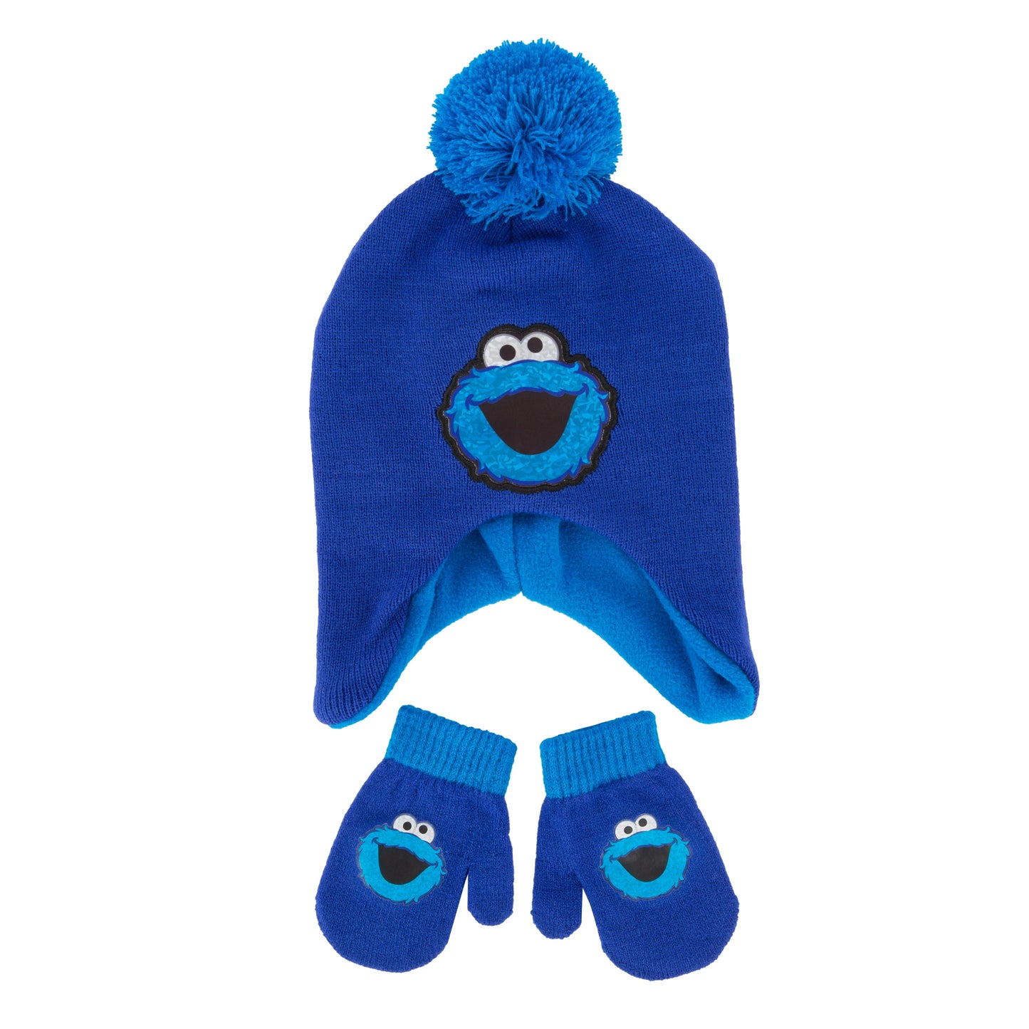 Toddler Cookie Monster Pom Earflap Beanie & Mitten Set